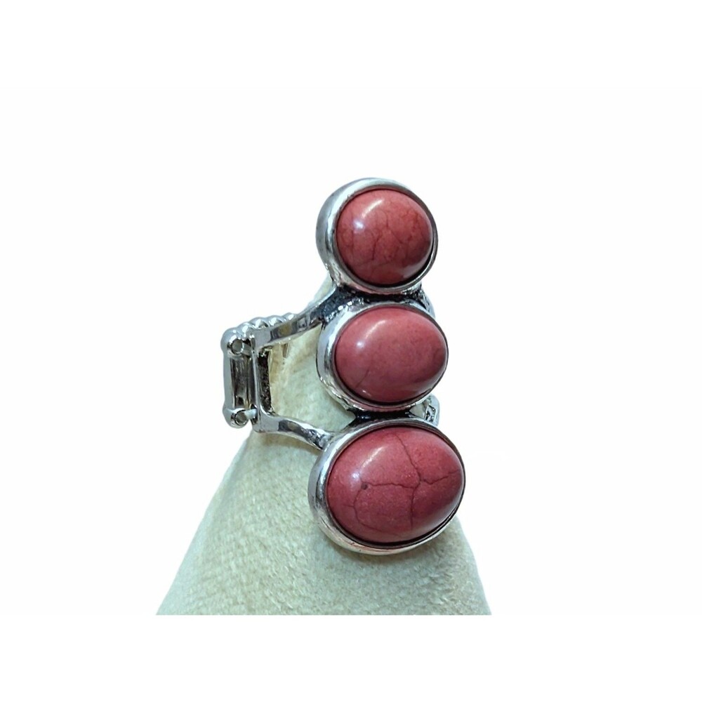 New Stretch Band Statement Ring Faux Pink Turquoise 3 Stones Silvertone Boho